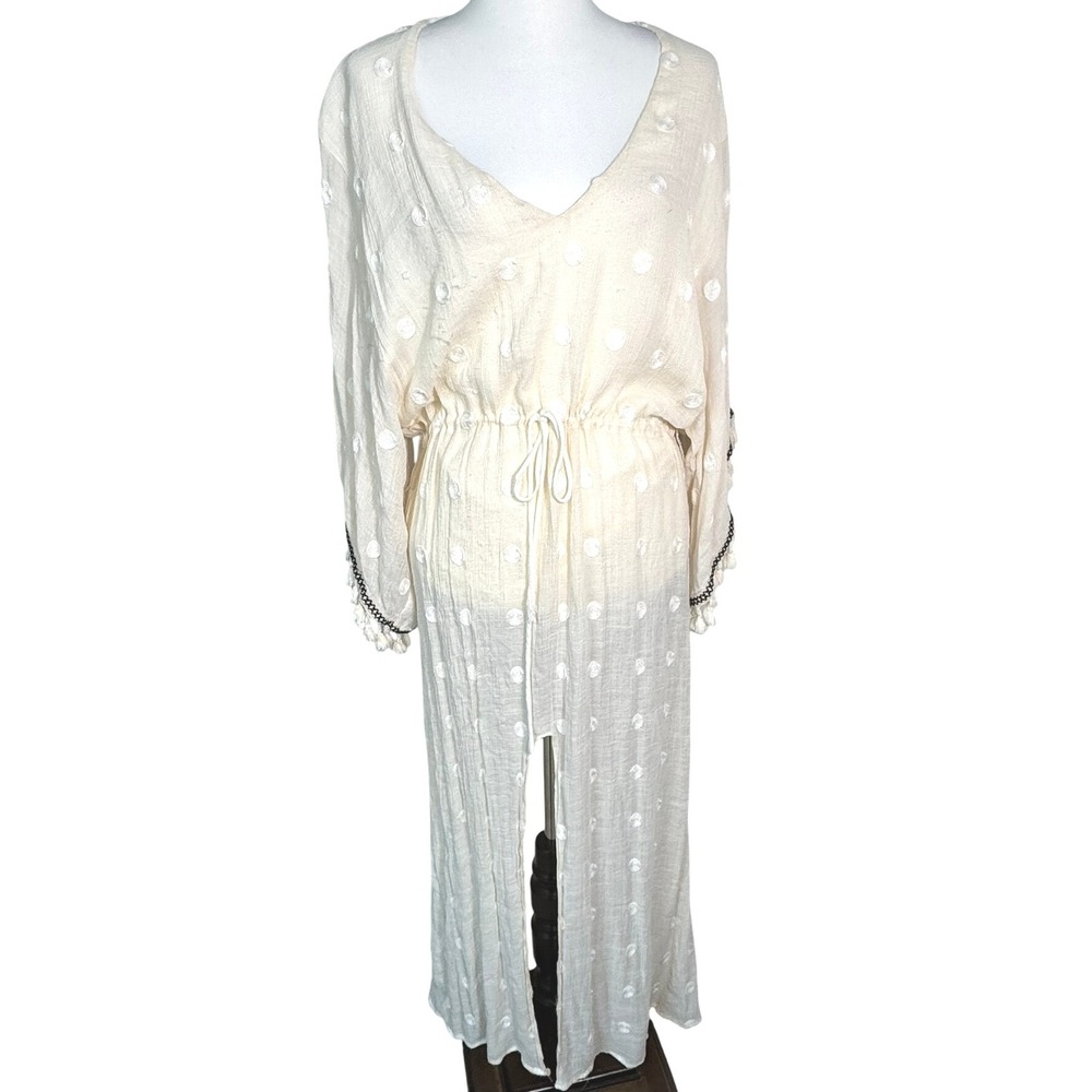 HARPER NEW YORK Womens XL White Swiss Dot Boho Sheer Cover Up Maxi Dress Tassels